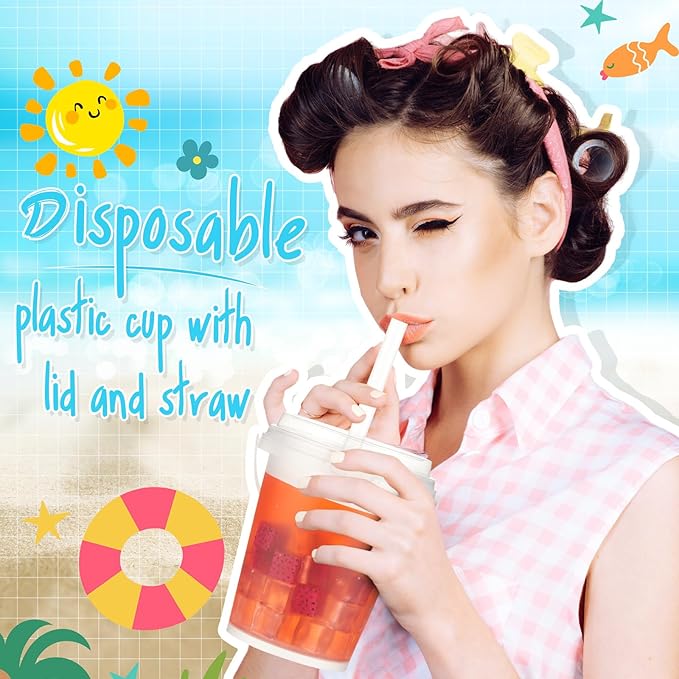 Funnymoom 30 Set 34oz Disposable Plastic Drink Buckets with Lids and Straws Frosted Iced Coffee Cups Rum Buckets for Cocktail Parties Smoothie Cup Bulk with Handles for Beach Pool Party Supplies