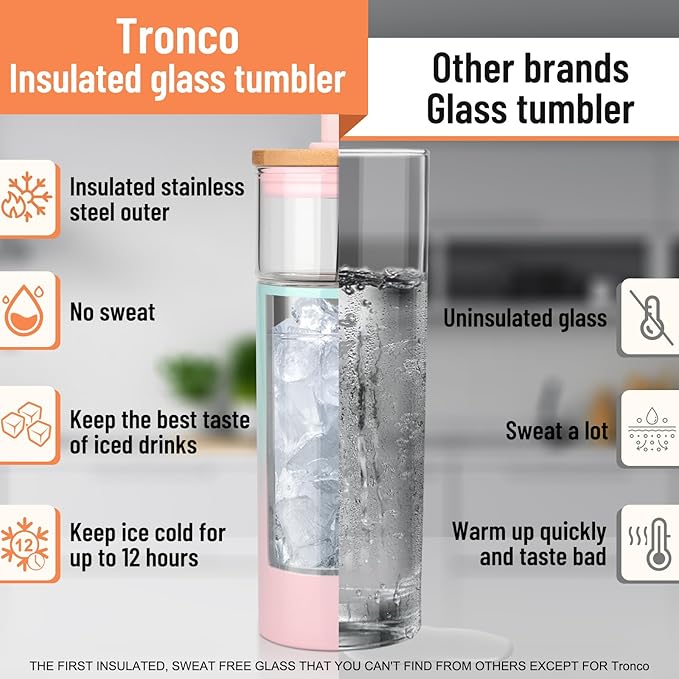 Tronco 20 oz Vacuum Insulated Glass Tumbler with Lid and Straw - Keeps Drinks Cold for 12 Hrs - Reusable Glass Cup for Iced Coffee, Smoothies & Boba - Sweat & BPA Free, Dishwasher Safe, Fit Car Holder