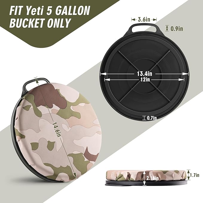 5 Gallon Bucket Seat for Yeti Only, 360 Degree Swivel Load Out Bucket Seat, 5 Gal Foam Cushion Seats Lid with Padded Top for Hunting Fishing Camping Baseball