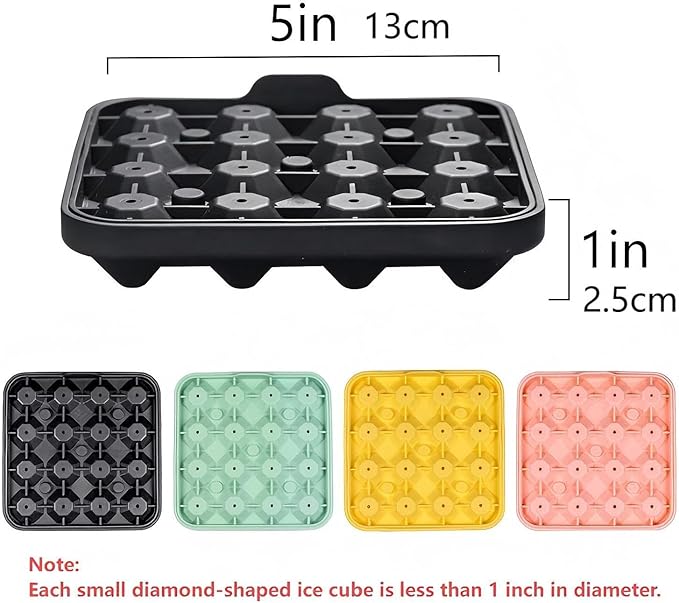 Tiny Diamond Ice Molds 2 Pack, Small Diamond-Shaped Silicone Ice Cube Trays 16 Cubes Per Tray, Easy Release, BPA-Free and Stackable, Mini Ice Cube Trays with Lid Green