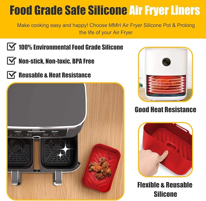 Air Fryer Silicone Liners 10 Quart for Ninja DZ550GY DZ550/DZ401/DZ302 Foodi DualZone XL 2-Basket,MMH 2PCs Reusable Rectangle Baking Tray Replacement Accessories for Ninja/Cosori 9-10QT Airfryer,Red