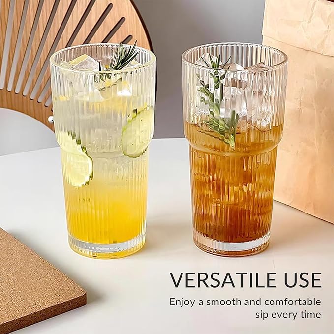 Puraville 4 Pack 20oz Glass Cups with Lids and Straws, Vintage Ribbed Glassware for Whiskey Cocktail Beer, Mason Jar Drinking Glasses Tumbler Iced Coffee Cup