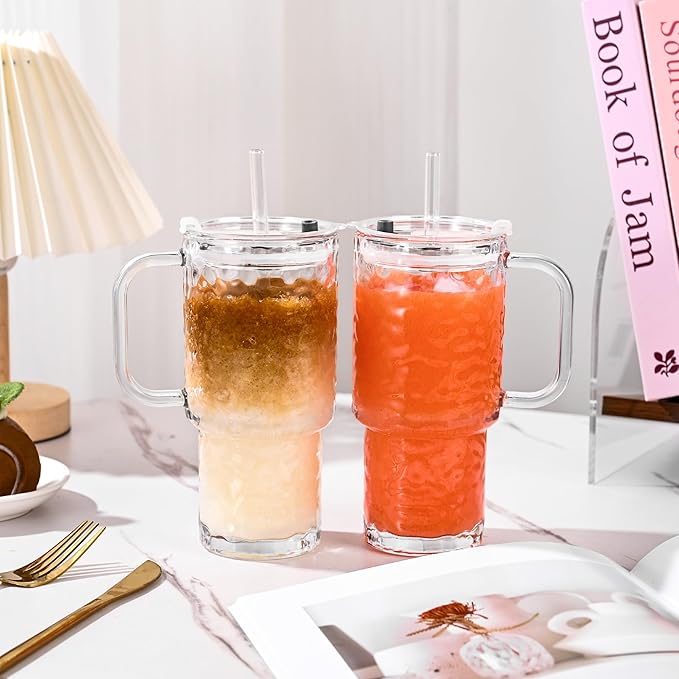18oz Glass Tumbler with Handle and Lid, 2 Pack Iced Coffee Cups with Straw, Thicked Wall Glass Mug for Cold & Hot Water, Travel Car Cup for Smoothies, Tea, and Juice