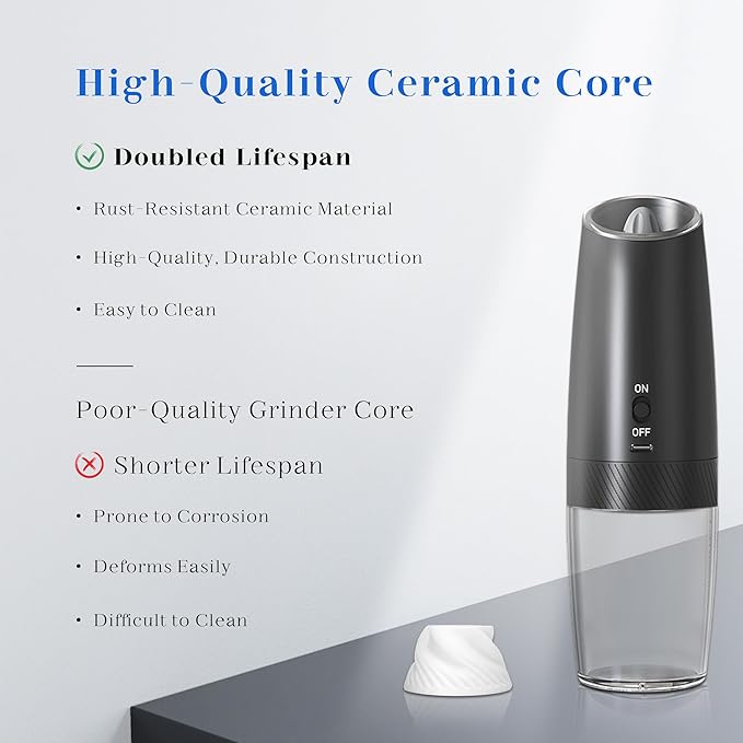 UNNEES Rechargeable Electric Salt and Pepper Grinder Set, Gravity Activated, Adjustable Coarseness, LED Light, USB Charging, Ceramic Core, 150ml Transparent Hopper, Black