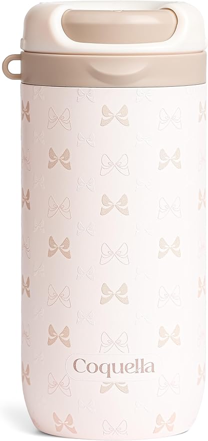 15 oz Stainless Steel Coffee Tumbler with Twist-Open Lid, Insulated Travel Mug for Iced Coffee Cold Brew and Warm Beverages, Leakproof, BPA-Free, Cup Holder Friendly, Bow Cream
