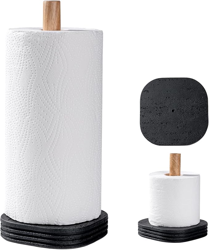 Black Travertine Standing Paper Towel Holder for Kitchen Countertop, Bathroom Shelf Toliet Top Paper Roll Holder with Weighted Base and Sturdy Wood Stand,for Standard or Plus Rolls, Height-Adjustable