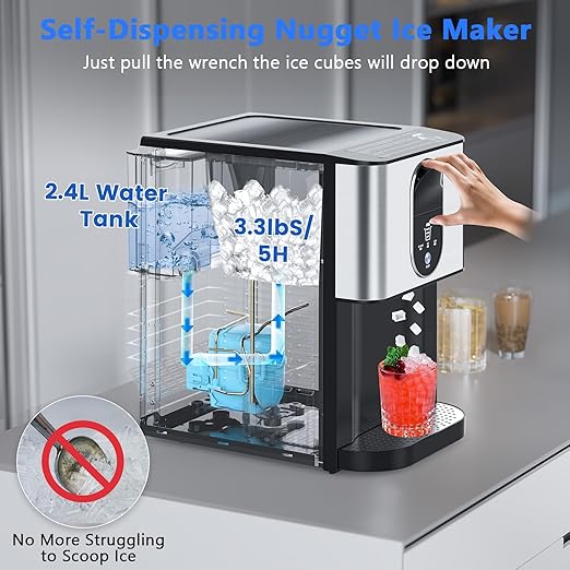 Kndko Nugget Ice Makers Countertop, 44lbs/24H Pebble Ice Machine with Self-Cleaning Dispenser, Soft Chewable Pellet Ice, 3.3lbs Storage for Home/Kitchen/Office/Party, Silver