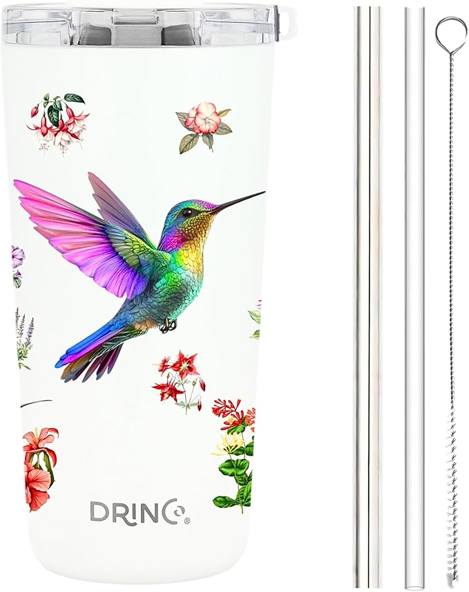 Drinco - 20 oz Stainless Steel Tumbler | Double Walled Vacuum Insulated Mug With Lid, 2 Straws, For Hot & Cold Drinks (20oz Hummingbird)