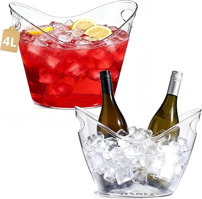 4L Clear Acrylic Ice Bucket (2 Pack) – Large Portable Beverage Tub for Champagne, Wine, & Cocktails – Heavy-Duty Plastic Drink Cooler for Parties, Bars, and Social Gatherings