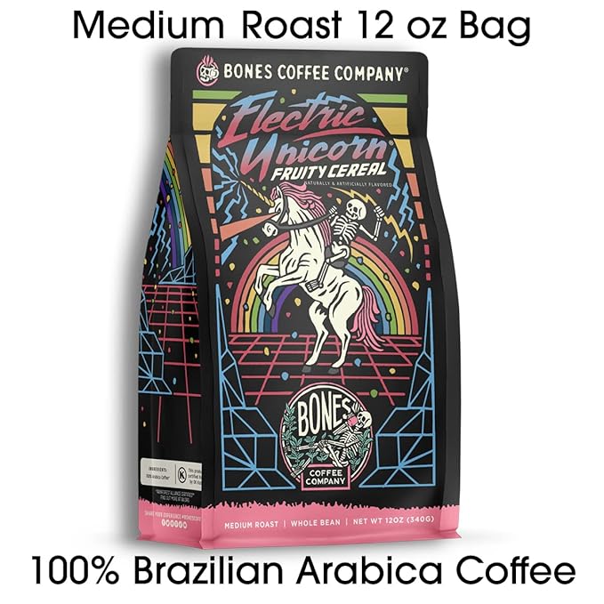 Bones Coffee Company Electric Unicorn, Fruity Cereal With Milk Flavored Coffee, Medium Roast Low Acid Arabica Beans Compatible with Auto drip and French Press Coffee Maker, 12 Oz Ground