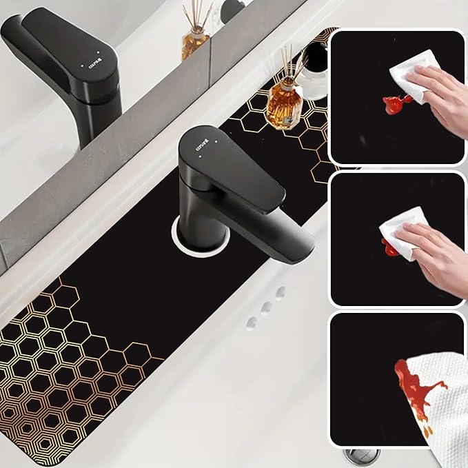 Sink Splash Guard Faucet Mat Black Gold Honeycomb Absorbent Fast Drying Mat Sink Gadgets Splash Guard Behind Faucet Drip Catcher for Kitchen Bathroom 23.5"X5.5"