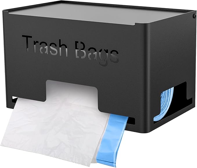 STWWO Large Trash Bag Holder Dispenser, Metal Garbage Bag Dispenser Roll Holder, Kitchen Trash Storage Organizer for Under Sink, Wall Mounted or Freestanding, Black
