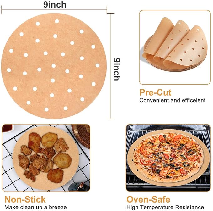 Air Fryer Parchment Paper, 9 Inch Round Liner, 200PC Unbleached Filter Paper for Air Fryers (100 Perforated and 100 Imperforate), Non-Stick Baking Paper