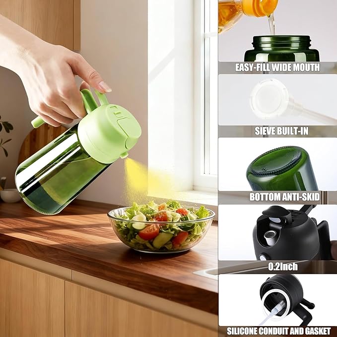 16oz/470ml Glass Olive Oil Sprayer for Cooking - 2 in 1 Olive Oil Dispenser for Kitchen Gadgets, Air Fryer, Salad, and BBQ (Green)