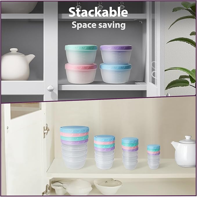 32 PCS Freezer Storage Containers with Lids, 16 Containers & 16 Lids Reusable BPA Free Plastic Soup Jars, Leakproof Salad Dressing Container to Go, Dishwasher & Microwave Safe Small Bowl Set