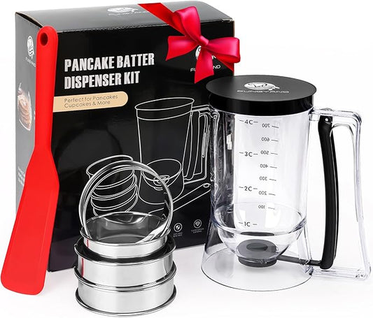FUNGYAND Pancake Batter Dispenser, 4-Cup Set with Muffin Rings & Spatula - Ideal for Pancakes, Cupcakes, Waffles, and Muffins, Easy Squeeze Handle
