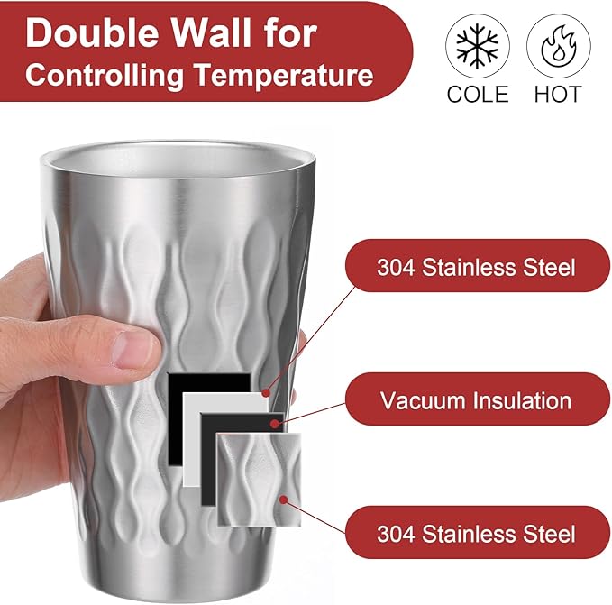 4 Pack Stainless Steel Double Wall Cups, 16 oz Insulated Tumbler, Unbreakable Stackable Water Tumblers Insulated Metal Cup Premium Drinking Glasses for Travel Camping Home Outdoor