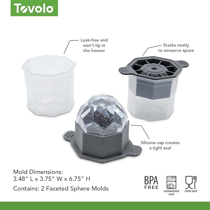Tovolo Faceted Sphere Ice Mold 2 Pack Food Grade Stackable Slow Melting DIY Ice Ball For Cocktail Whiskey, Ice Mold Faceted Sphere BPA Free Large Ice Ball Maker for Bourbon Old Fashioned Cocktails