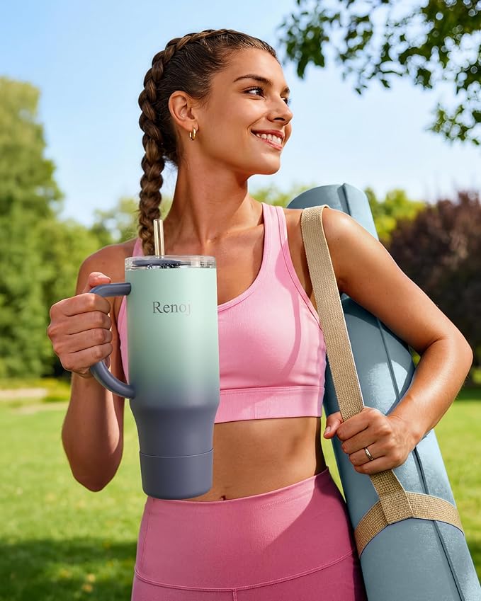 Renoj Insulated Mug 100% Spill Resistant Insulated Water Bottle for Iced Coffee & Hot Drinks - Fits Car Cup Holder, Ideal Gift, 2 Straws & Silicone Boot - FlexSlide Blue Gradient 32 oz