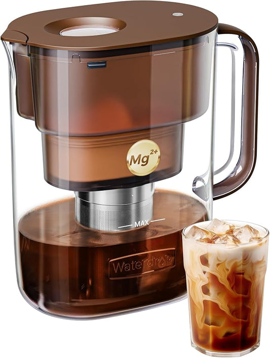Waterdrop Cold Brew Coffee Maker with 1 Magnesium Water Filter for Well-Balanced Acidity, Unlocks Aroma, BPA-Free Cold Brew Pitcher, Stainless Steel Filter for Iced Coffee, Tea, Lemonade, Brown