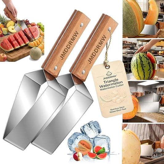 Triangle Watermelon Cutter Large Stainless Steel Melon Slicer Tool Ergonomic Wooden Handle Multifunction Function Summer Divider Wheel Handheld Cutting Fruit Kitchen Gadget Camping Picnic(2pcs)