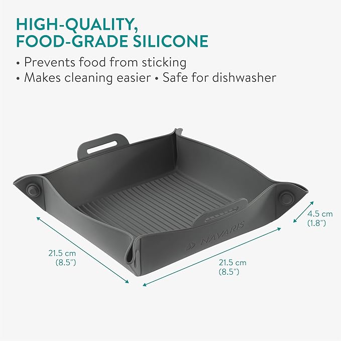 Navaris Silicone Air Fryer Liners (Set of 2) - Reusable Liner with Foldable Design 25cm x 28.2cm (9.8" x 11.1") - Basket Tray Mat - Dishwasher Safe - Grey