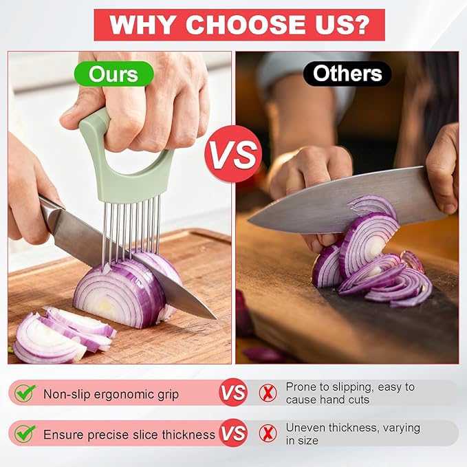 uxcell 4 Pcs Onion Slicer Holder, Stainless Steel Vegetable Cutting Holder Food Cutter Tool for Slicing Storing Onions Tomatoes Potatoes Avocados Apples, Pink