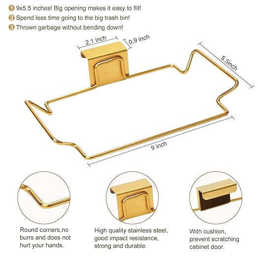 Large Stainless Steel Trash Bag Holder for Kitchen Cabinets Doors and Cupboards, Gold