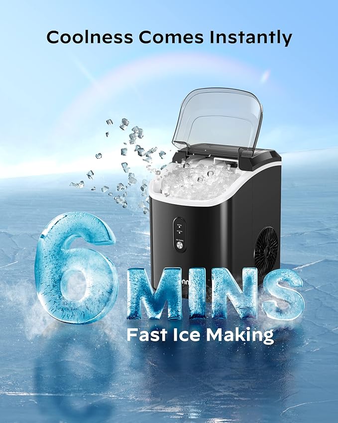 Nugget Ice Maker Countertop, Silonn Chewable Pellet Ice Machine with Self Cleaning Function, Pebble Portable Ice Maker with Ice Scoop for Home Kitchen Office, Black