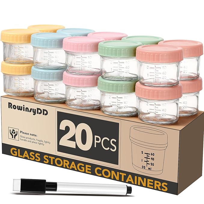 RowinsyDD 20 Pack Glass Baby Food Storage Containers, 4 oz Leakproof Baby Food Jars with Lids, Small Glass Food Containers for Infant Baby, Freezer & Microwave Safe, BPA Free