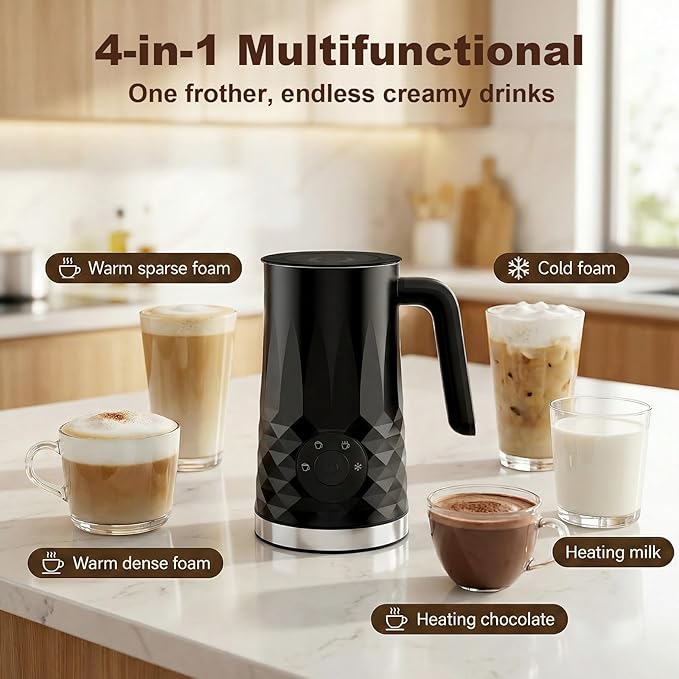 Milk Frother, 4 in 1 Electric Milk Steamer, 11.8oz/350m Automatic Warm and Cold Foam Maker for Coffee, Latte, Cappuccino, Hot Chocolate, Dishwasher Safe