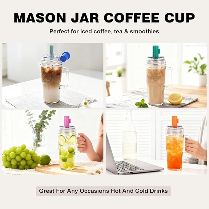 ANOTION Bamboo Mason Leakproof Mason Jar Cups with Lids and Straws, Cap Cup 24oz Glass Tumbler with Handle, Rotating Lid Silicone Straw, Reusable Iced Coffee Matcha Cup Coffee Gifts for Women 2pc