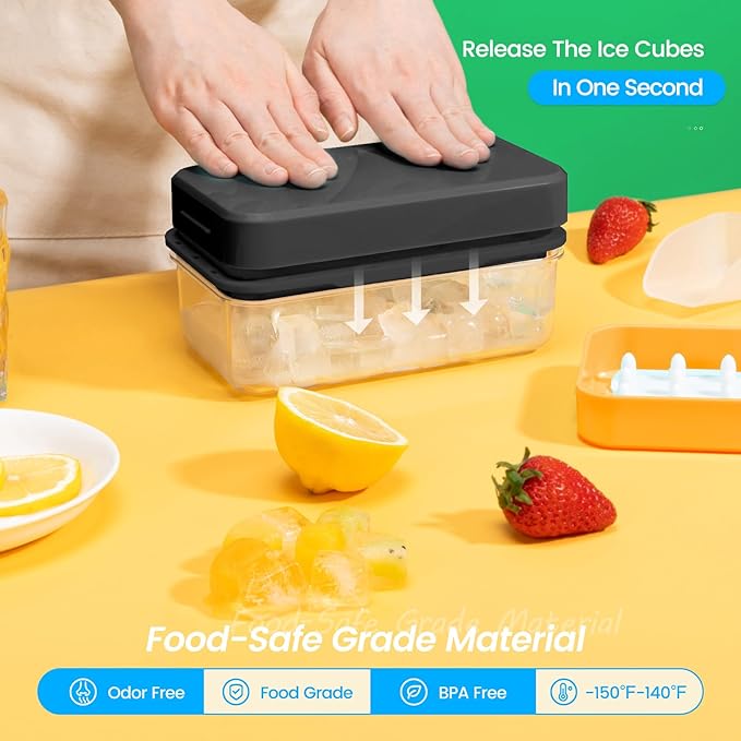 Ice Cube Tray with Lid and Bin, PHINOX 56 pcs Ice Trays for Freezer, Ice Cube Trays for Freezer with 2 trays, Container, Lid & Ice Scoop, BPA Free, Black