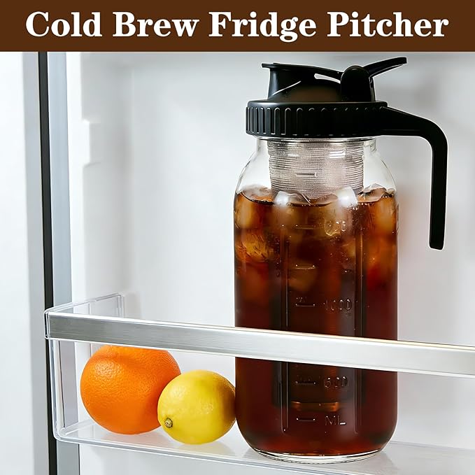 Cold Brew Coffee Maker, 64oz Mason Jar Pitcher with Airtight Lid and Stainless Steel Filter, 2 Quart Wide Mouth Glass Jar Cold Brew Coffee Kit Tea Infuser Pitcher, Coffee Lovers Gifts for Men/Women