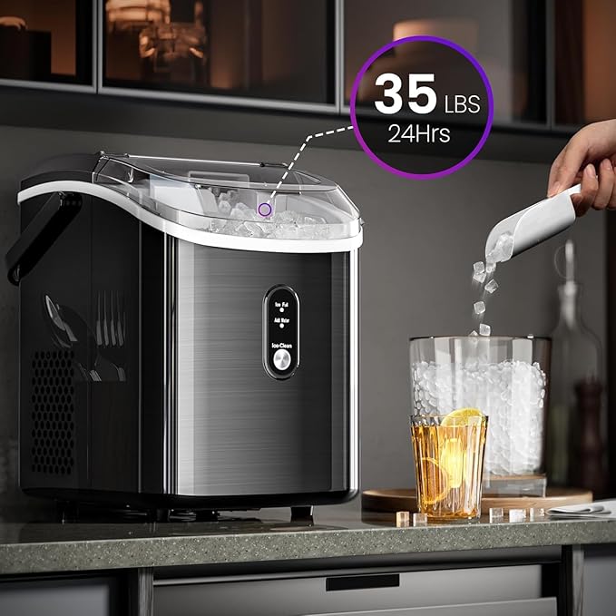 Kismile Nugget Ice Makers Countertop,35Lbs/24H,Portable Sonic Ice Machine with Self-Cleaning,One-Click Operation for Home/Office(Stainless Steels Black)