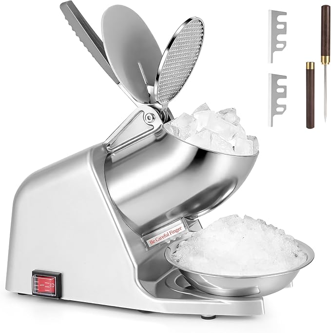 300W Dual Blade Ice Crusher, 178 lbs/hr Ice Shaver, Shaved Ice Machine with Stainless Steel Blades and Ice Pick for Home and Commercial Use, ETL-Listed, Silver