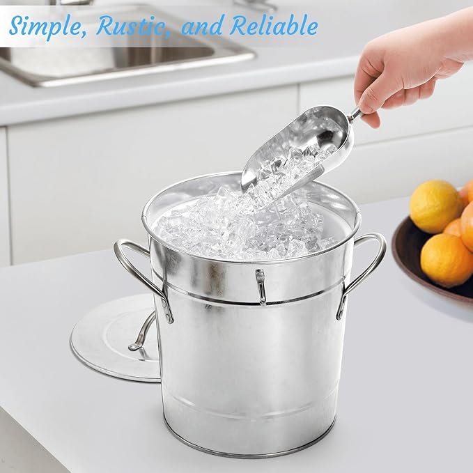 YOUEON 4 Liter Ice Bucket with Scoop and Lid, Double Walled Insulated Ice Bucket for Parties, Cocktail Bar, Wine Chiller, Beverage Tub with Carry Handles, Indoor & Outdoor Use, Silver