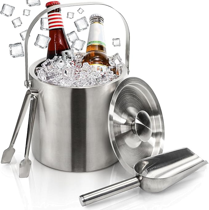 Tebery Stainless Steel Insulated Ice Bucket with Lid and Tong Double Walled Silver Barware Serveware for Parties Events Gatherings - 6.7H x 7.5W Inches