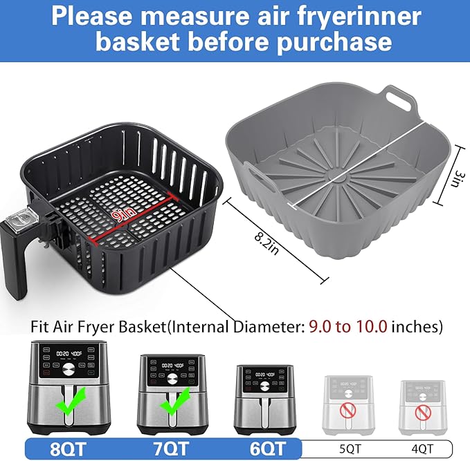 2 PCS Silicone Air Fryer Liners 9 Inch Square Easy Cleaning Airfryer Silicone Liners for 6-9 QT Frying Basket, Heat Resistant Reusable Ninja Air Fryer Accessories (Grey+Green)