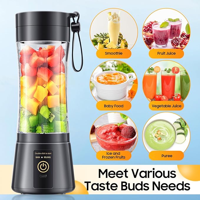 Cordless Personal Size Portable Blender - 12 Oz Blender for Smoothies and Shakes with BPA Free Traveling Juice Cup, 6 Blades for Powerful Blending, Suit for Sports/Travel/Home