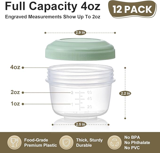VITEVER [12 Pack] 4 oz Small Containers with Lids, Reusable Plastic Jars for Snack and Puree, Salad Dressing Container to Go, Deli Containers, Condiment Containers, Dishwasher Safe, BPA Free