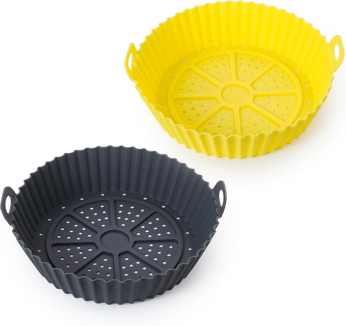 2 Pack Silicone Round Air Fryer Basket Liner Tray With Handles & Holes, 360° Circulation, Washable, Food Safe, BPA Free, Replace Parchment Paper, Easy Cleaning (Gray & Yellow, >6.8QT)