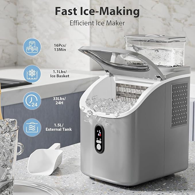 Electactic Countertop Ice Cube Maker Machine with External Water Tank,16Pcs/5Mins,34Lbs/Day,2 Ways to Add Water,Portable Compact Small Ice Maker with Self-Cleaning,Perfect for Home/Kitchen/Camping/RV