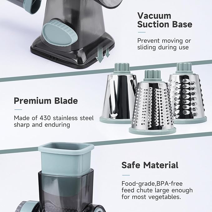 Cheese Grater Hand Crank, Manual Cheese Shredder with 3 Interchangeable Blades, Rotary Cheese Grater with Strong Suction Base, Easy to Use and Clean, GreyBlue