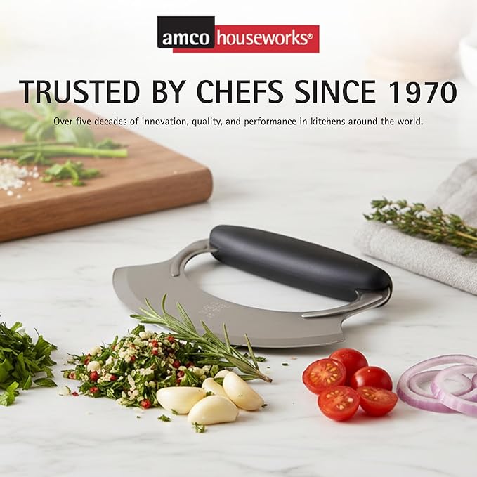 Amco 4.9" Mezzaluna with Silicone Handle (3 Pack) - Stainless Steel Blade, Versatile Chopping Tool for All Kitchen Needs - Non-Slip Grip, Easy to Use & Comfortable to Hold, Dishwasher Safe