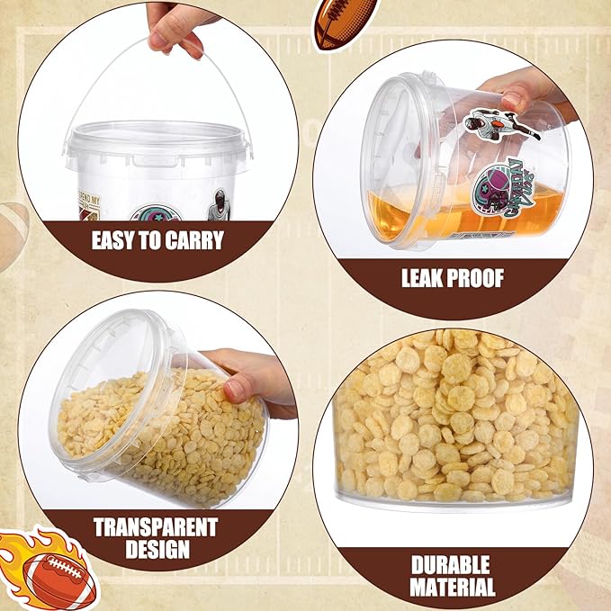 PerKoop 20 Pcs 32 oz Ice Cream Buckets with Lids and Handles Clear Cocktail Rum Buckets with Stickers Plastic Transparent Tub Reusable Food Storage Containers for Parties(Football)