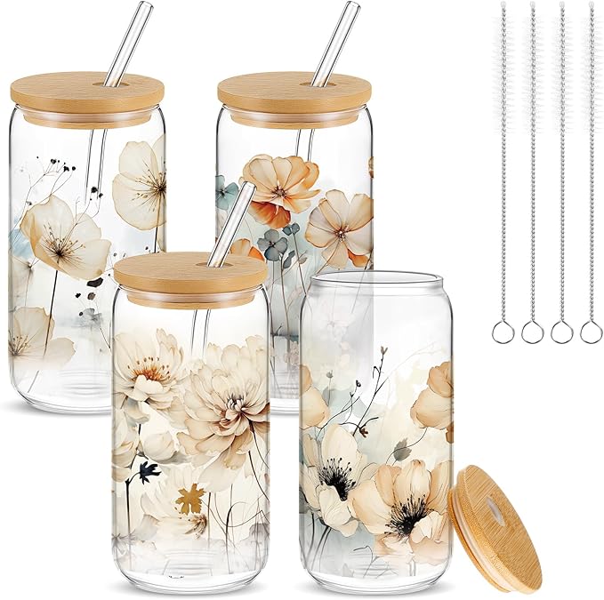 Mumufy 4 Pack Gift for Women Chinoiserie Flower Glass Cup Tumbler Flower Iced Coffee Mugs 16 oz Glass with Bamboo Lid & Straw, Mothers Day Birthday Gift for Mom Sister Bridesmaid Baby Shower