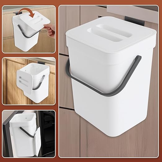 1.3 Gallon/5L Kitchen Compost Bin, Suitable for Countertops or Under Sink, Hanging Hook Trash Can with Lid, Ideal for Cabinets/Bathrooms/Bedrooms/Offices/Camping(White)