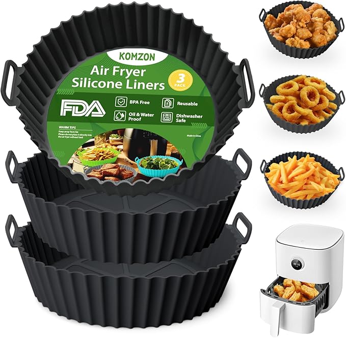 Komzon 3 Pack Air Fryer Silicone Liners, 8Inch Airfryer Liners, AirFryer Basket Liner, Reusable Food Grade Air Fryers Basket Pots Oven Liner Baking Tray, Air Fryer Silicone Mat Accessories Kitchen