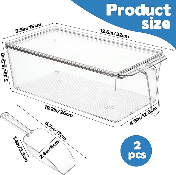 CIEOVO 2 Set Ice Bin for Freezer with Lid and 2 Scoop Set Plastic Freezer Ice Bin with Pull-Out Handle Clear Storage Bucket Kitchen Food Storage Organizer for Home Office Fridge Kitchen